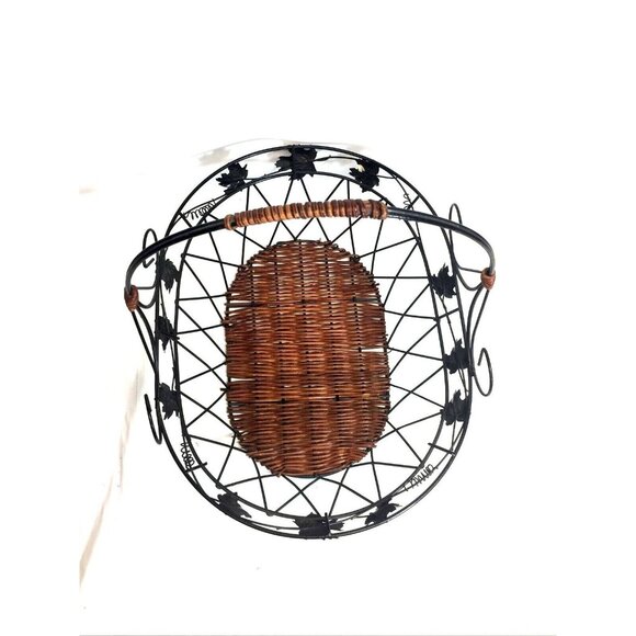 Black Metal & Brown Wicker Oval Basket With Handle & Leaf Design - Picture 6 of 8